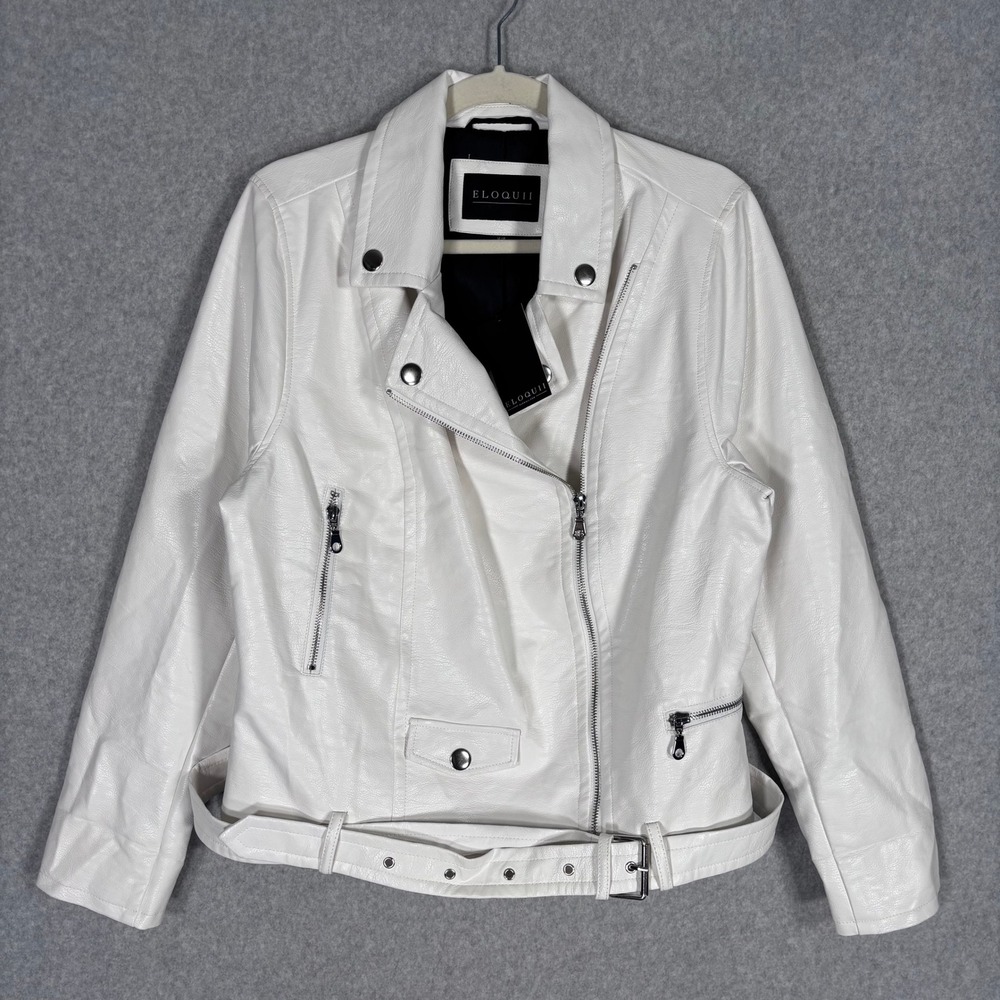ELOQUII Moto‎ Jacket Size 14/16 White Faux Leather Belted Biker 90s Y2K READ